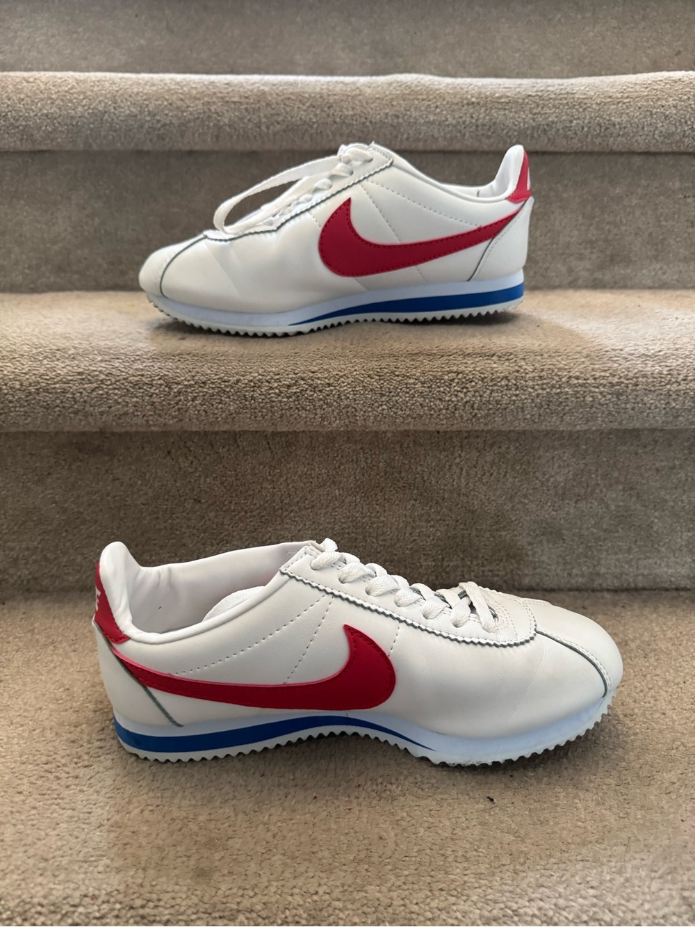 Nike White Cortez Sneakers with Red Swoosh and Blue Accents